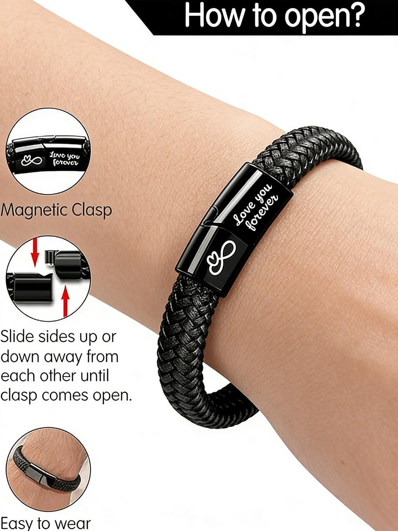 6-Piece Leather Bracelets for Men, Stackable Retro Bangles with Stainless Steel Clasp, Perfect Family Gift Set with Sentimental Cards