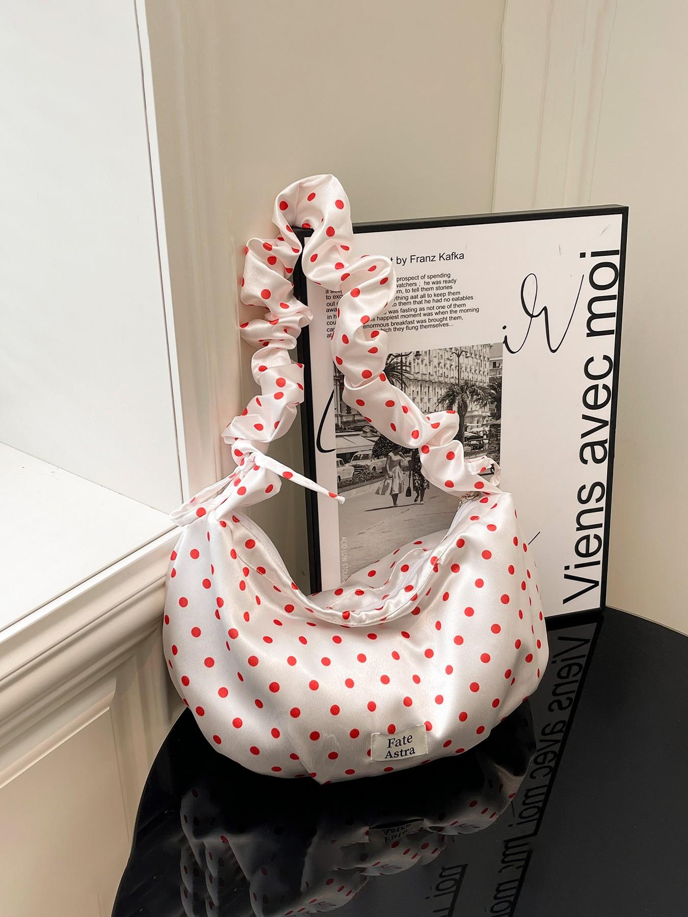1pc Ladies' cute polka dot shoulder bag, pleated elastic shoulder strap design, aesthetic retro cloud bag with "Fate Astra" label, sweet casual daily perfect for spring and summer wear
