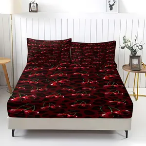 Stylish Black Red Cherry Leopard Print 3‑Piece Fitted Sheet Set, No Filling Included, Skin‑Safe Comfortable Bedding Set, Secure Deep Pocket Mattress Cover, Perfect Gift Bedding for Women, Teen Girls, Holiday Home Decoration, Guest Bedroom