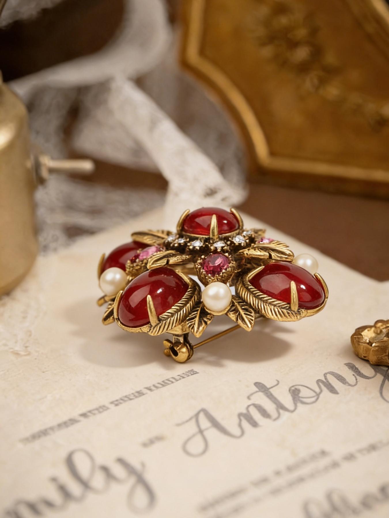 A vintage floral brooch made of fashionable red agate, diamonds, and pearls, suitable for daily wear, vacation dates, and other occasions, and also a delightful and exquisite small gift.