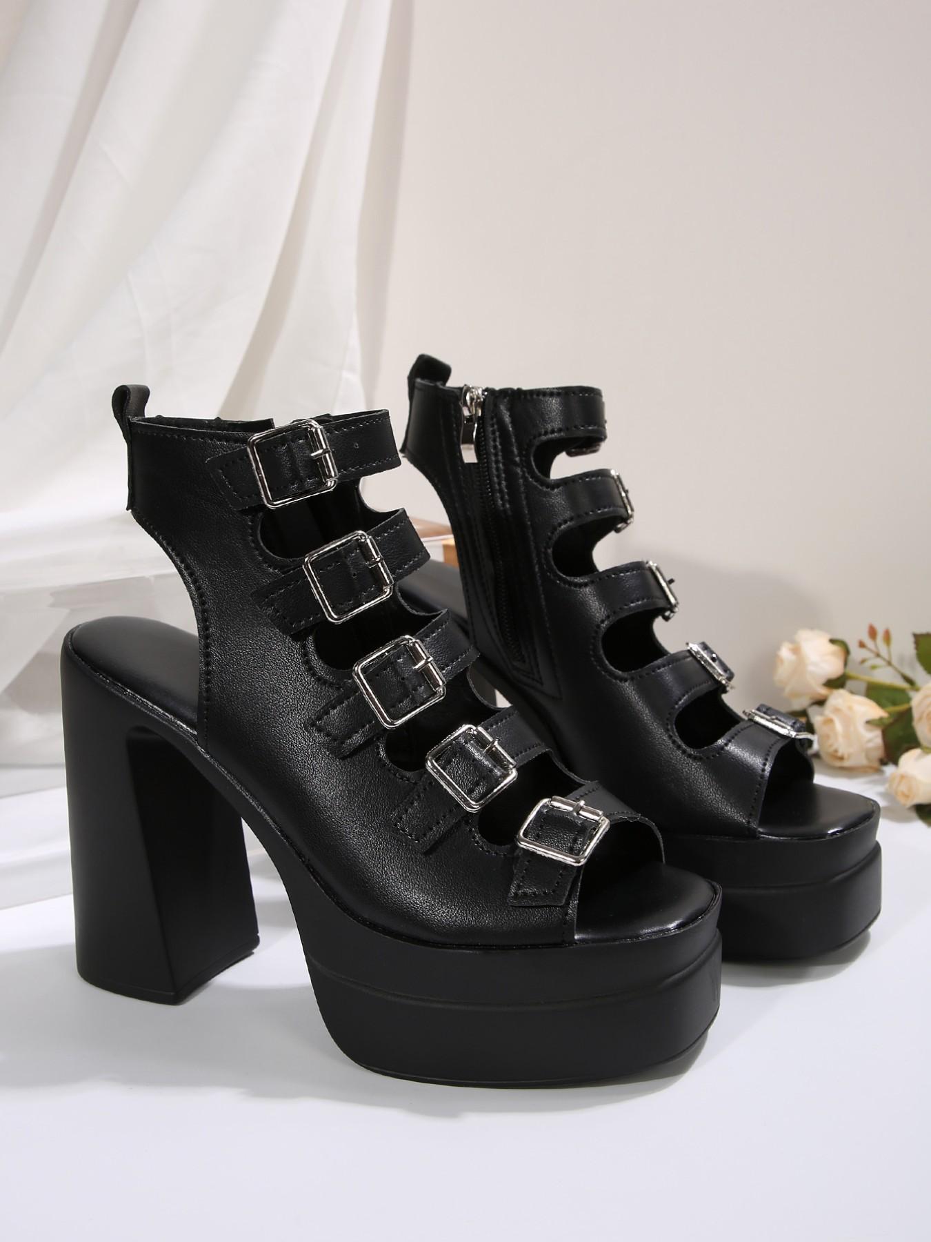 Women Punk Style High Heel Sandals, Multi Buckle Hollow Out, Waterproof Platform Rubber, Three Colors Available, Stage Party Shoes, Fashionable Platform Sandals