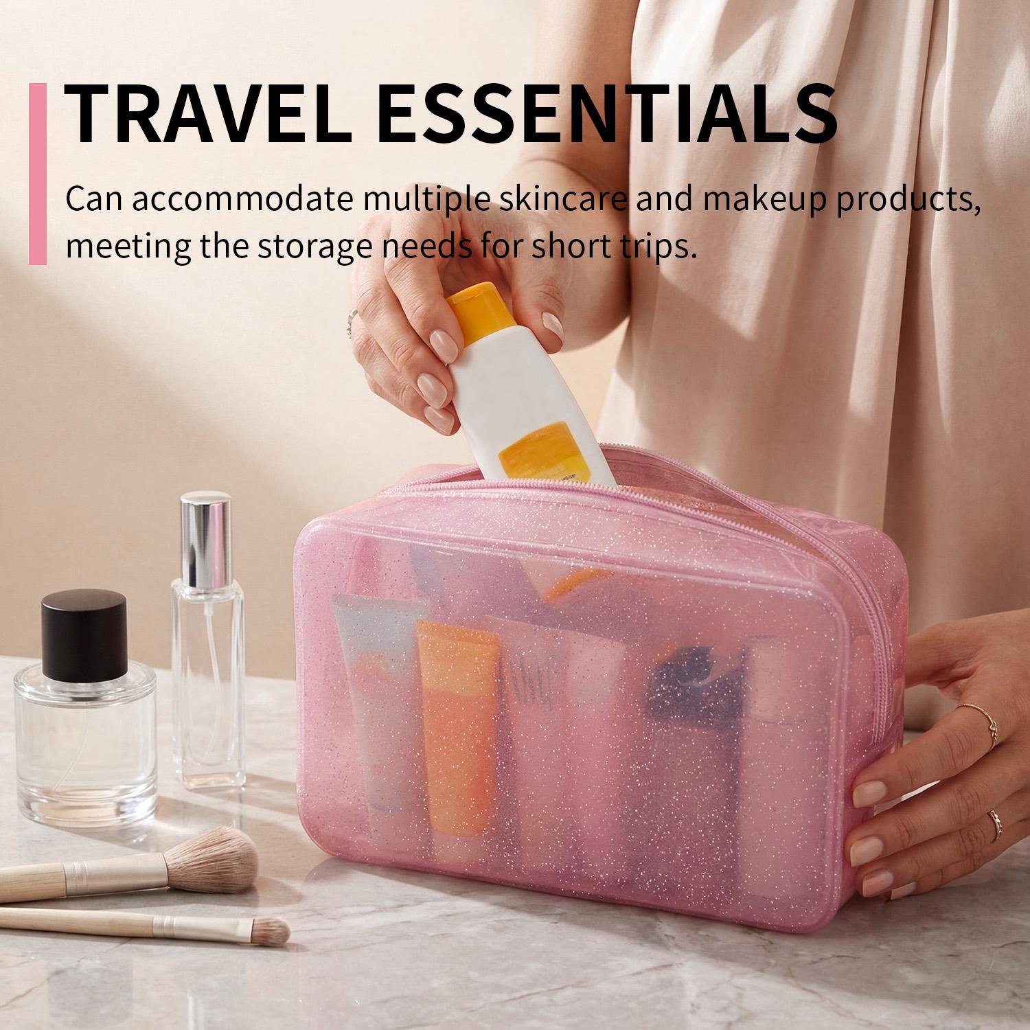 Clear PVC Waterproof Makeup Bag with Zipper, Large Capacity Transparent Cosmetic Pouch Travel Toiletry Organizer, Portable Beauty Storage Bag for Makeup, Skincare, Accessories, Beach, Vacation & Daily Travel