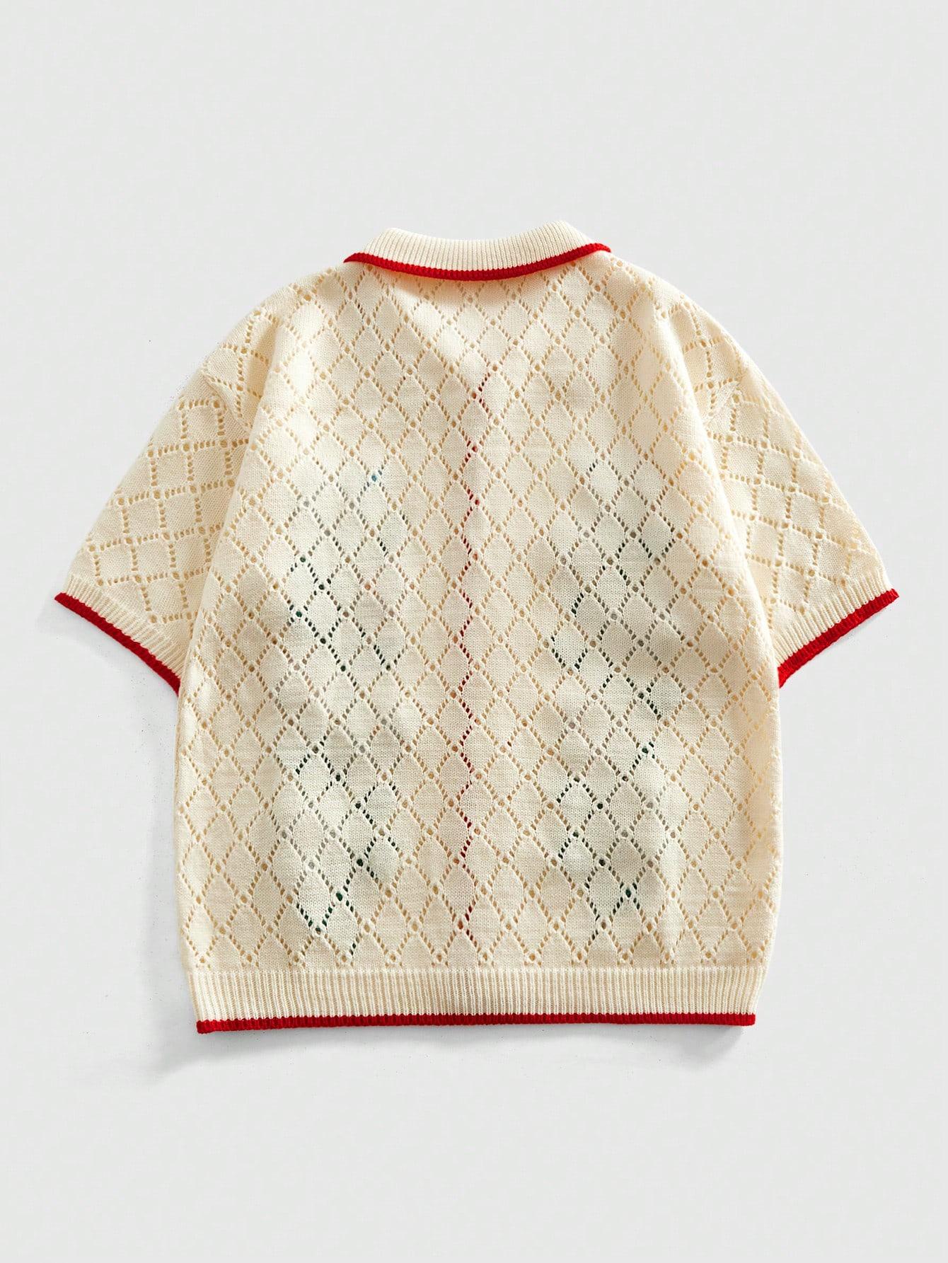 Men's Knitted Short Sleeve Cardigan, Color Block Edges & Floral Embroidery Design, Casual Hollow Out Style, Y2K Fashion for Daily Wear