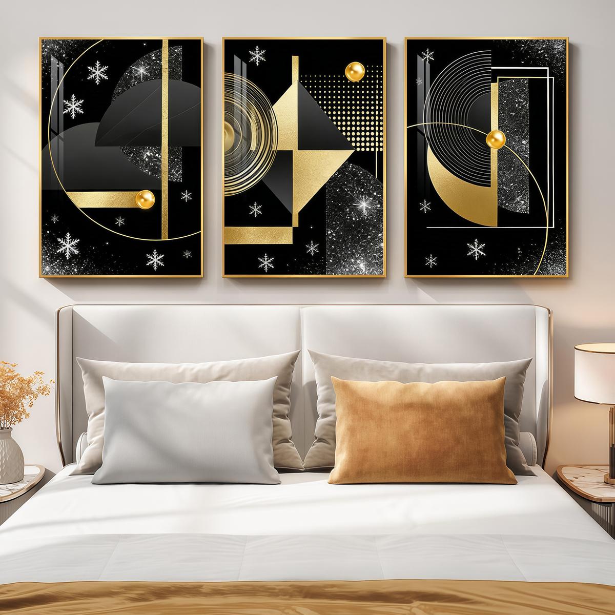 3 Counts Aluminum Alloy Framed Painting, Geometric Gold And Black Abstract Art Pictures, Home Decoration For Living Room, Bedroom, Office, Restaurant, Hallway Wall Decor, Odorless Print Artwork, Luxury Perfect Gift For Friends And Family
