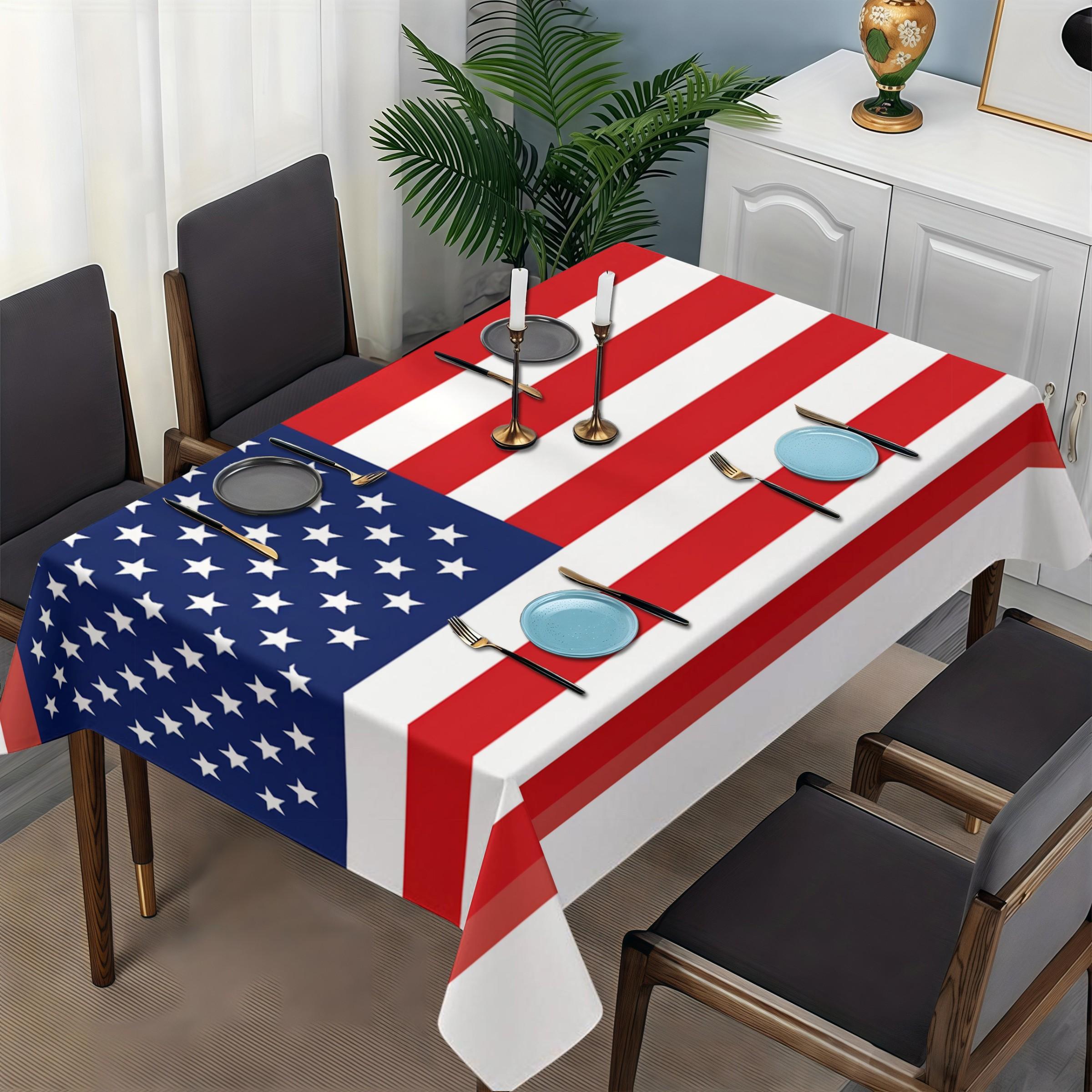 American Flag Pattern Rectangular Tablecloth, Polyester, Washable, Waterproof & Oil - Resistant, Multiple Sizes, Perfect for Family, Camping, Wedding, Bachelorette, Graduation, Minimalist Indoor Outdoor Dining & Living Space, Cozy Home Decor