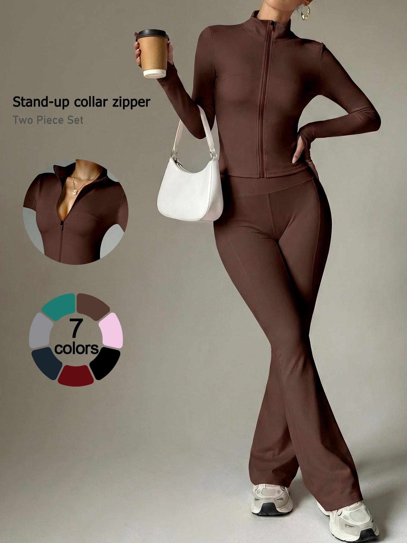 Women's 2-Piece Fitness Set, Stand Collar Full Zip Jacket, Long Sleeve High Waist Yoga Pants, Sporty All-Season Workout, Athleisure Wear Set, Yoga Outfit