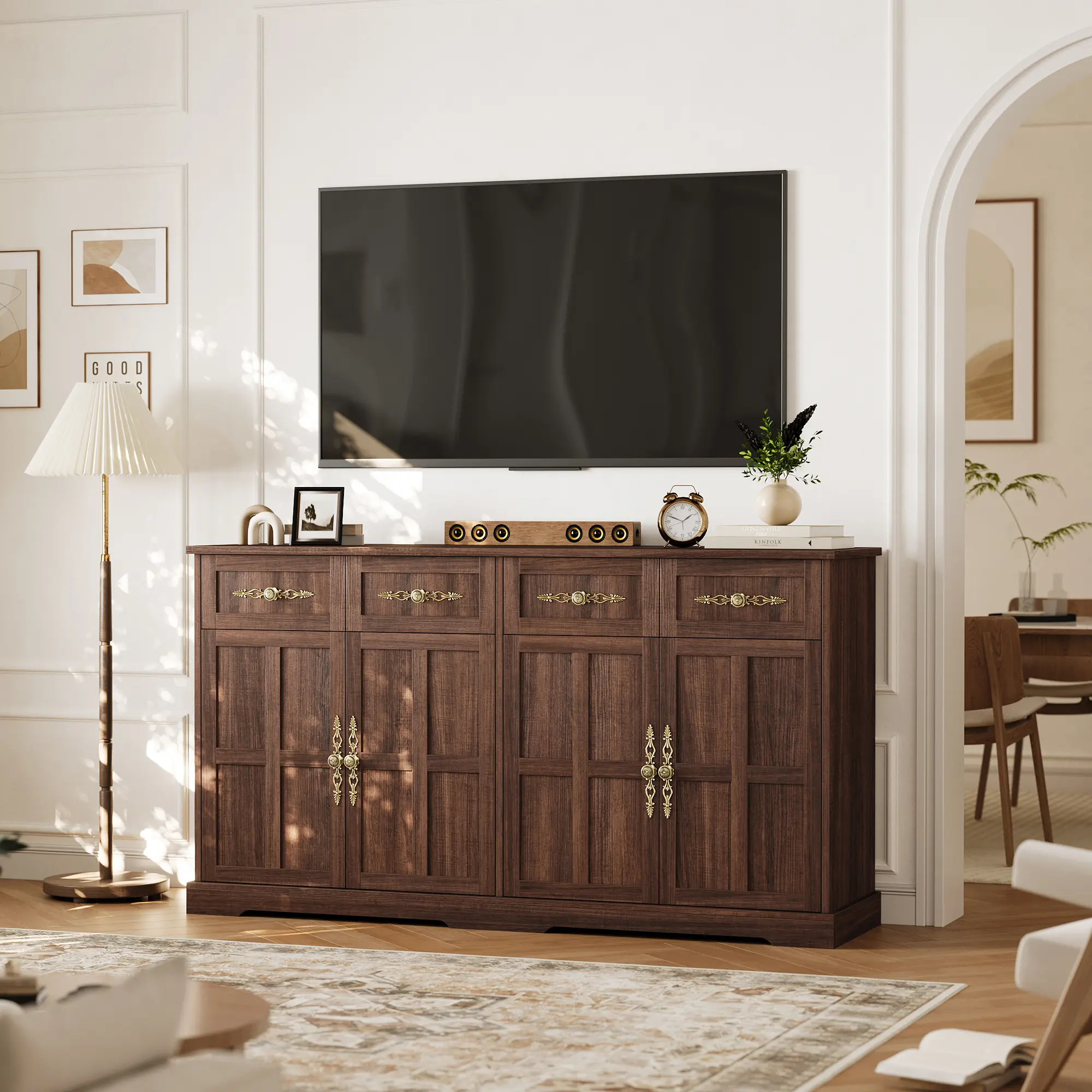 Modern 63" Farmhouse Storage Cabinet with 4 Doors and 4 Drawers, Gold Handles Buffet Sideboard & Console Table, Brown Wood Grain Multipurpose Furniture for Dining Room, Living Room and Entryway