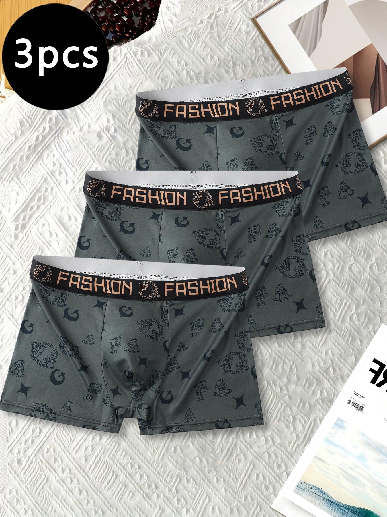 3Pcs Luxury Grid Men's Boxer Briefs | Gold Line Design Breathable Underwear | Stylish Stretch Boxers Shorts for Men