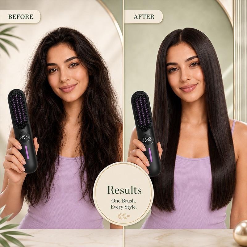 Cordless Hair Straightener Brush, Portable Rechargeable Heated Styling Brush with 7 Temperature Settings, USB-C Hair Smoother for Fine to Medium Hair, Travel Hair Styling Tool