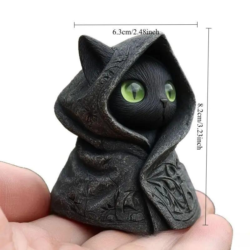 Gothic Cat Statue with Eyes and Celtic Knot Hooded Cloak, Resin Sculpture for Outdoor Decor, Dark Fantasy Garden Ornament