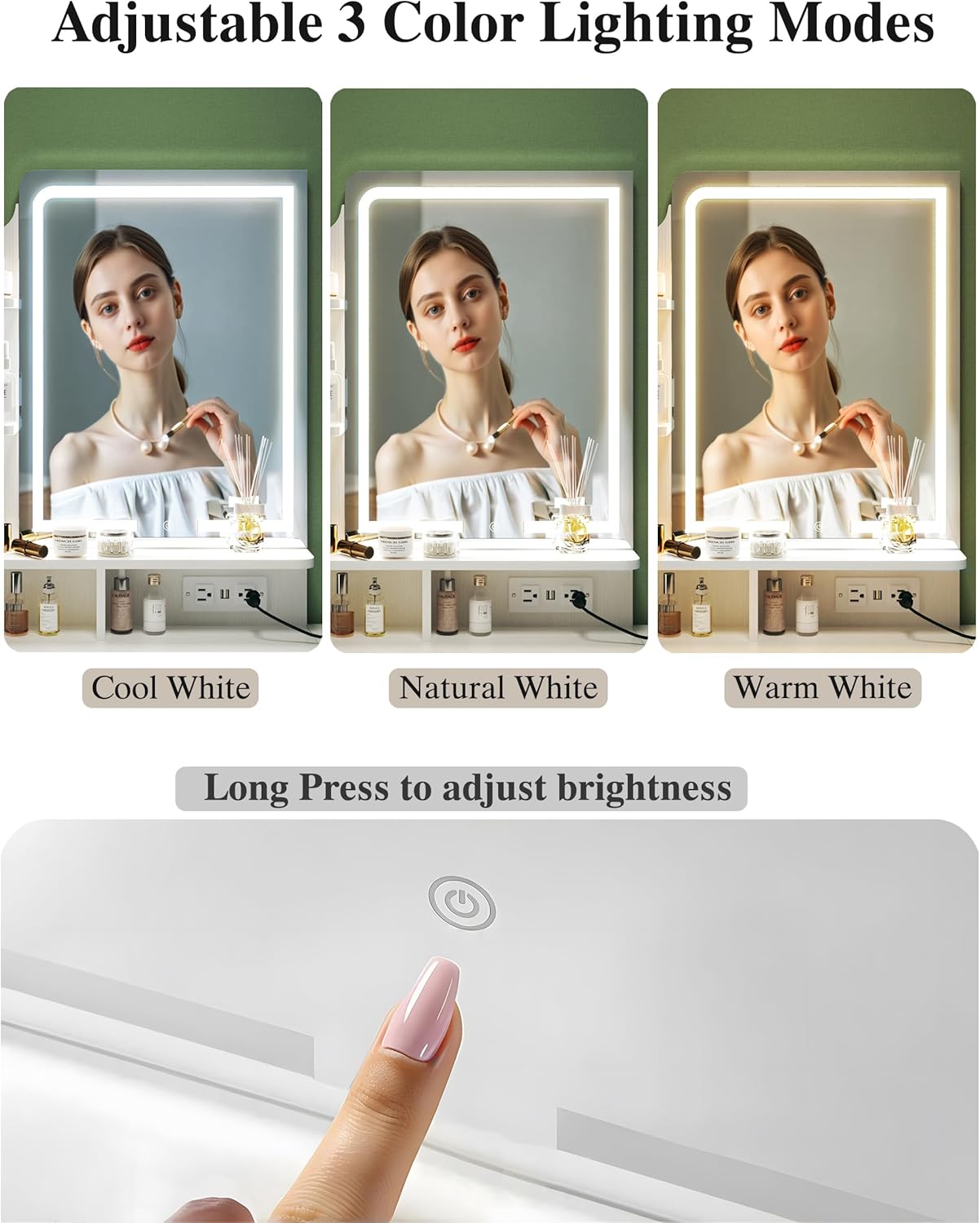 Makeup Vanity Desk with Mirror and Lights, Small Makeup Vanity with Fabric Storage Drawer & Chair & Shelves, White Vanity with Fold-up Panel and Power Outlet for Bedroom