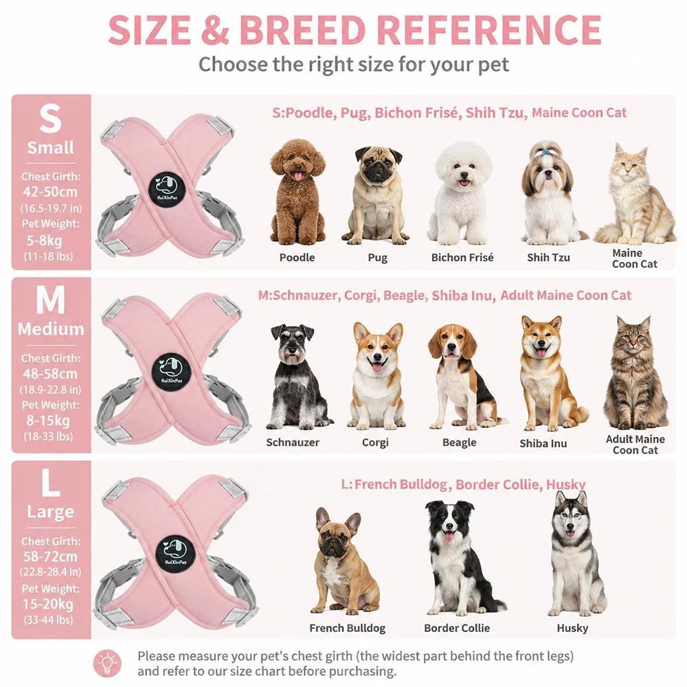 Reflective Dog Vest Harness & Leash Set - Soft, Adjustable, No-Pull Chest Strap, Reflective Strips, Breathable Fabric, Multi-Size for Small-Medium Dogs Cats Pug Daily Walking