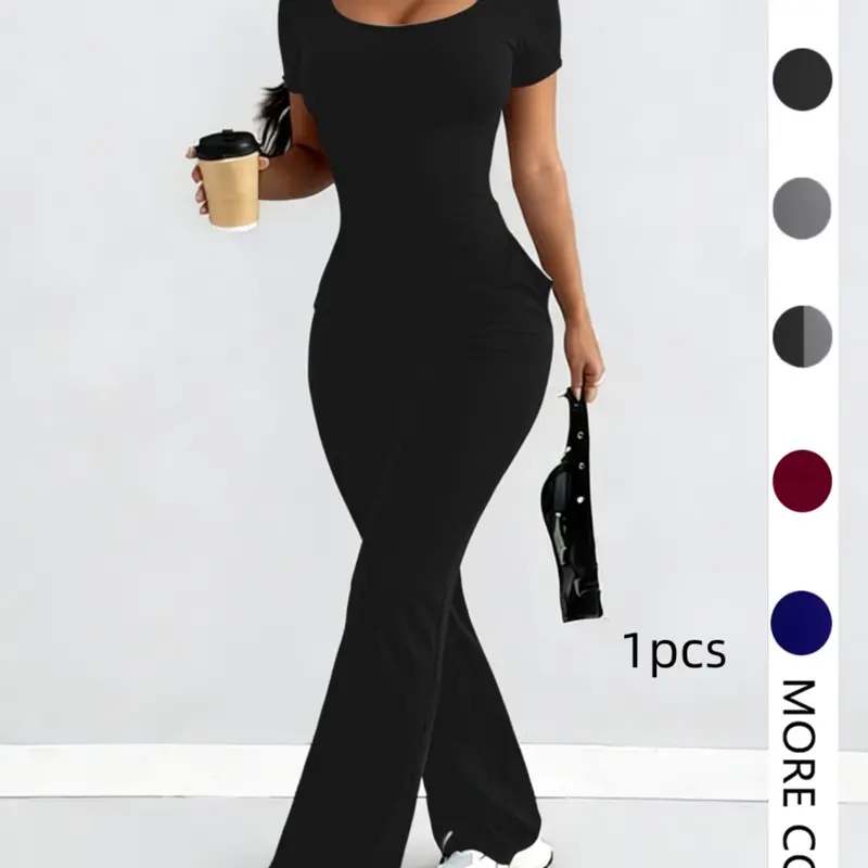 Women's Plain Pocket Short-Sleeve Long Pants Beach Casual Jumpsuit, Sexy Fitted One-Piece for All Seasons, European & American Style Womenswear