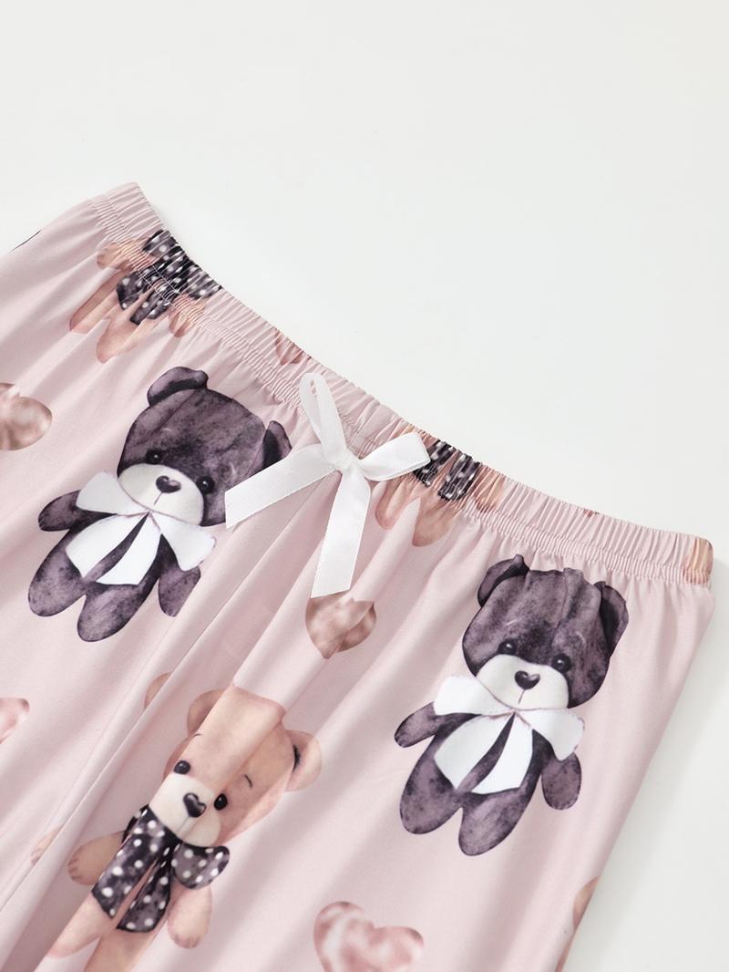 Women's Cartoon Bear Print Short Sleeve Tee & Pants Pajama Set, Casual Comfy Round Neck T-Shirt & Elastic Waist Trousers PJ Set, Loungewear Pajamas Set, Ladies Sleepwear for All Seasons