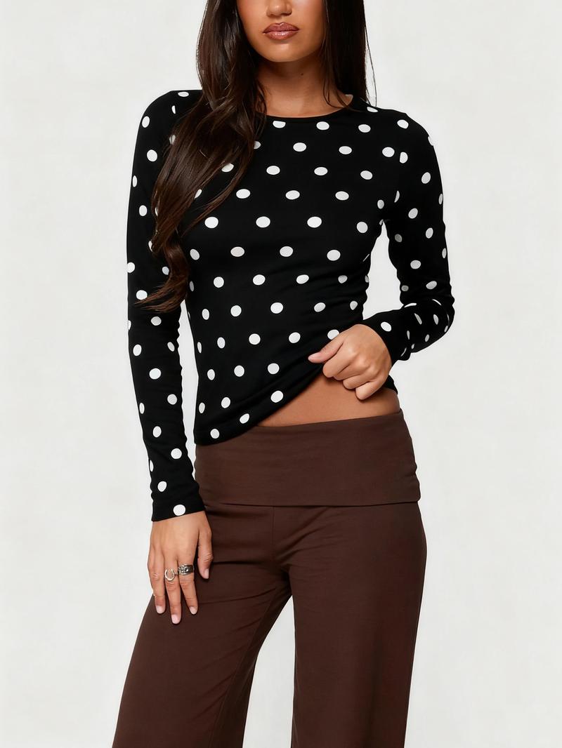 Women's Polka Dot Long Sleeve Slim Fit Short Top, Vintage Bodycon, Perfect for Dates and Shopping, Stylish Casual Wear