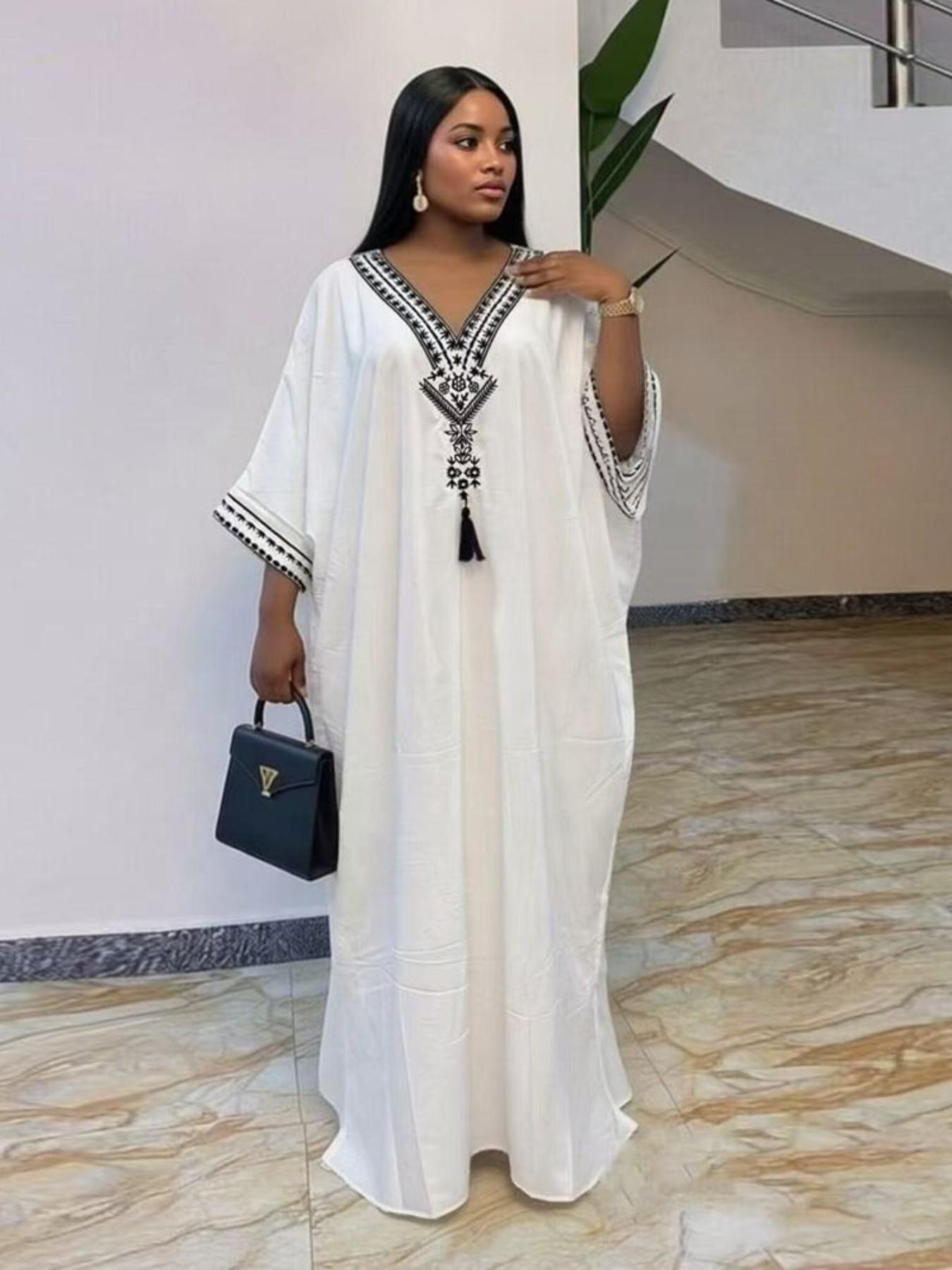 Women's Summer Solid Color Embroidered Fringe Caftan Casual Wear Dress with Pockets and Side Slit Women's Summer Solid Color Embroidered Fringe Caftan Casual Wear Dress with Pockets and Side Slit