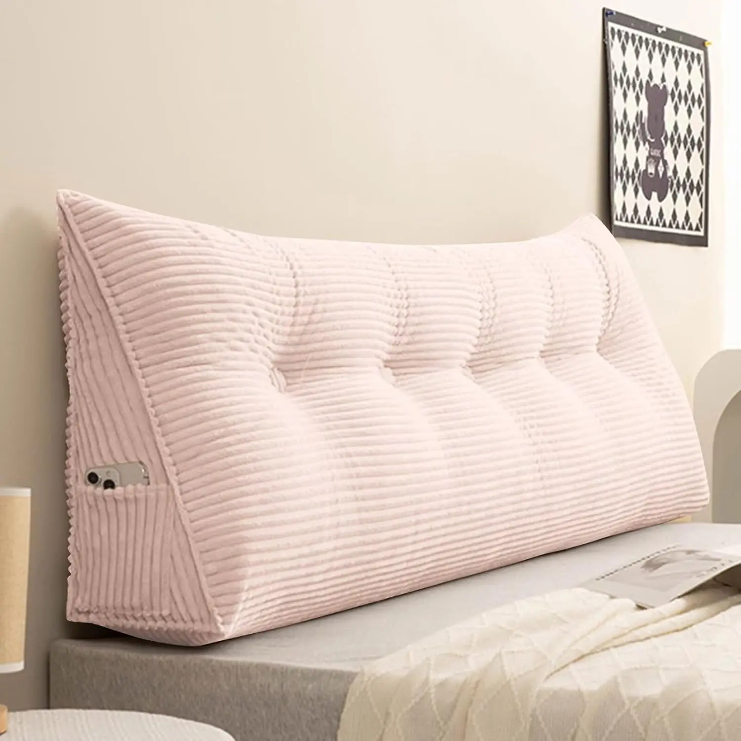 Bed Wedge Headboard Pillow Twin College Dorm Reading Back Support Corduroy Triangular Lumbar Cushion Body Positioning, Light Pink