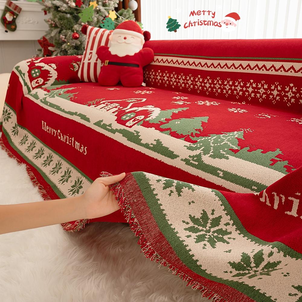 Christmas Sofa Throw Blanket with Tassels, Pet Protection, Fits 1-4 Seater Sofas, Home Decor Christmas Gift, Winter All-Purpose Cover