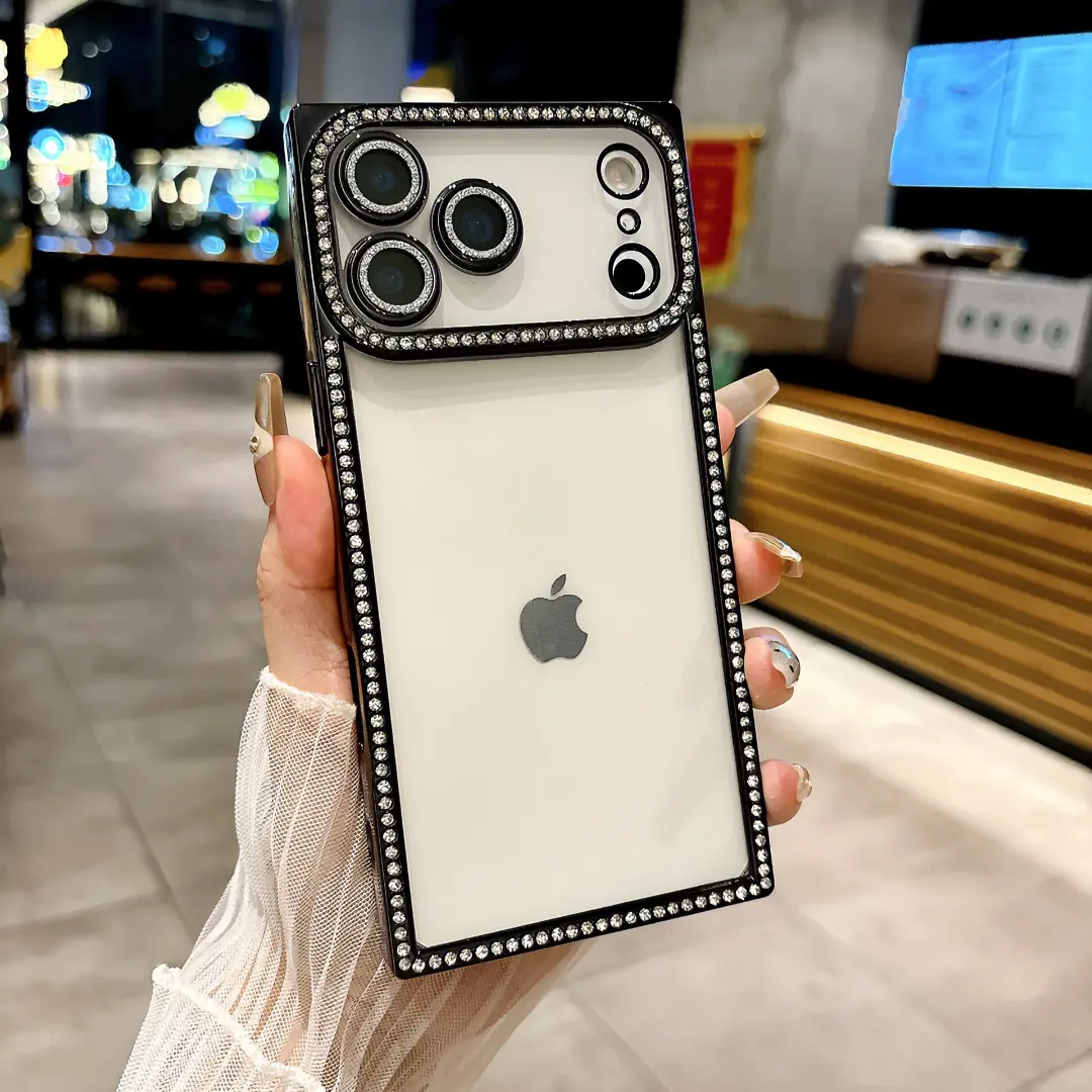 Suitable for iPhone 18 PRO MAX phone case, square-edged phone cover, 17/16 PRO electroplated transparent diamond-studded case, 15/14/13 glitter lens film, women's phone cover, drop-resistant, hollow design with exposed logo