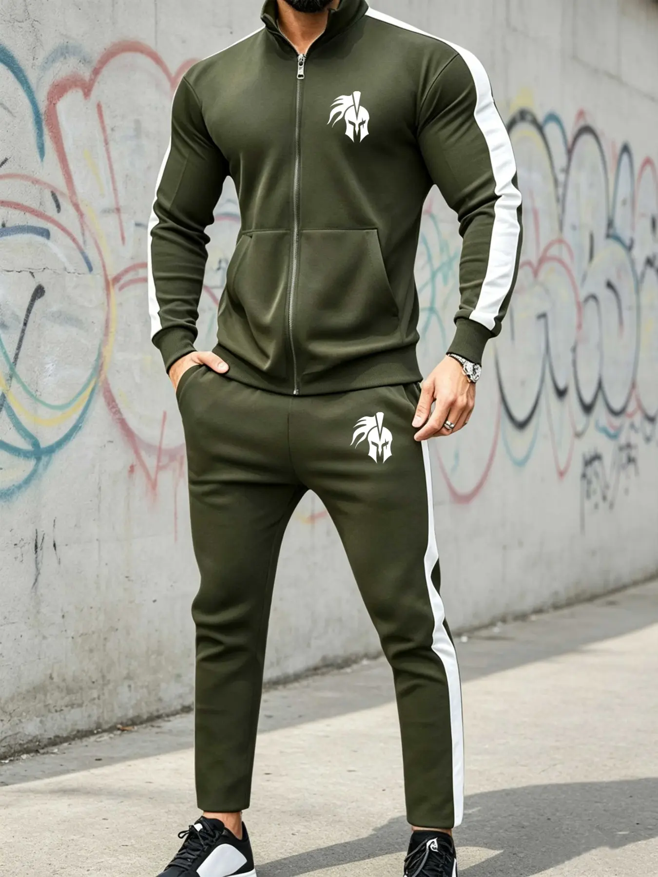 Men's Trendy Casual Sportswear Set, American Spartan Print Side Stripes Open Front Jacket, Workout Running Long Pants, Fall & Winter