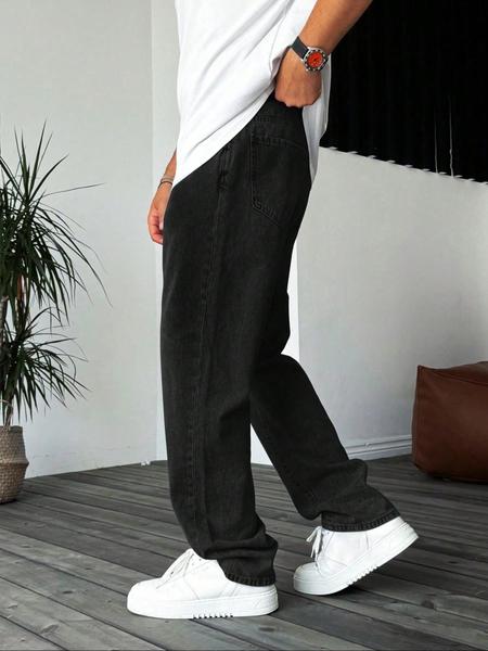 Men's Loose-Fit Denim Jeans, Comfortable Casual Style, Plain Pattern, Button Fly Closure, All Seasons Wear, Trendy Street Fashion