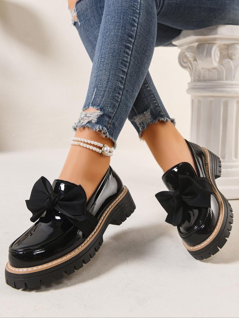 Women's Bowknot Loafers, Spring & Fall Casual PU Leather Shoes, Plain Pattern, Less Than Ankle Height, PVC Sole