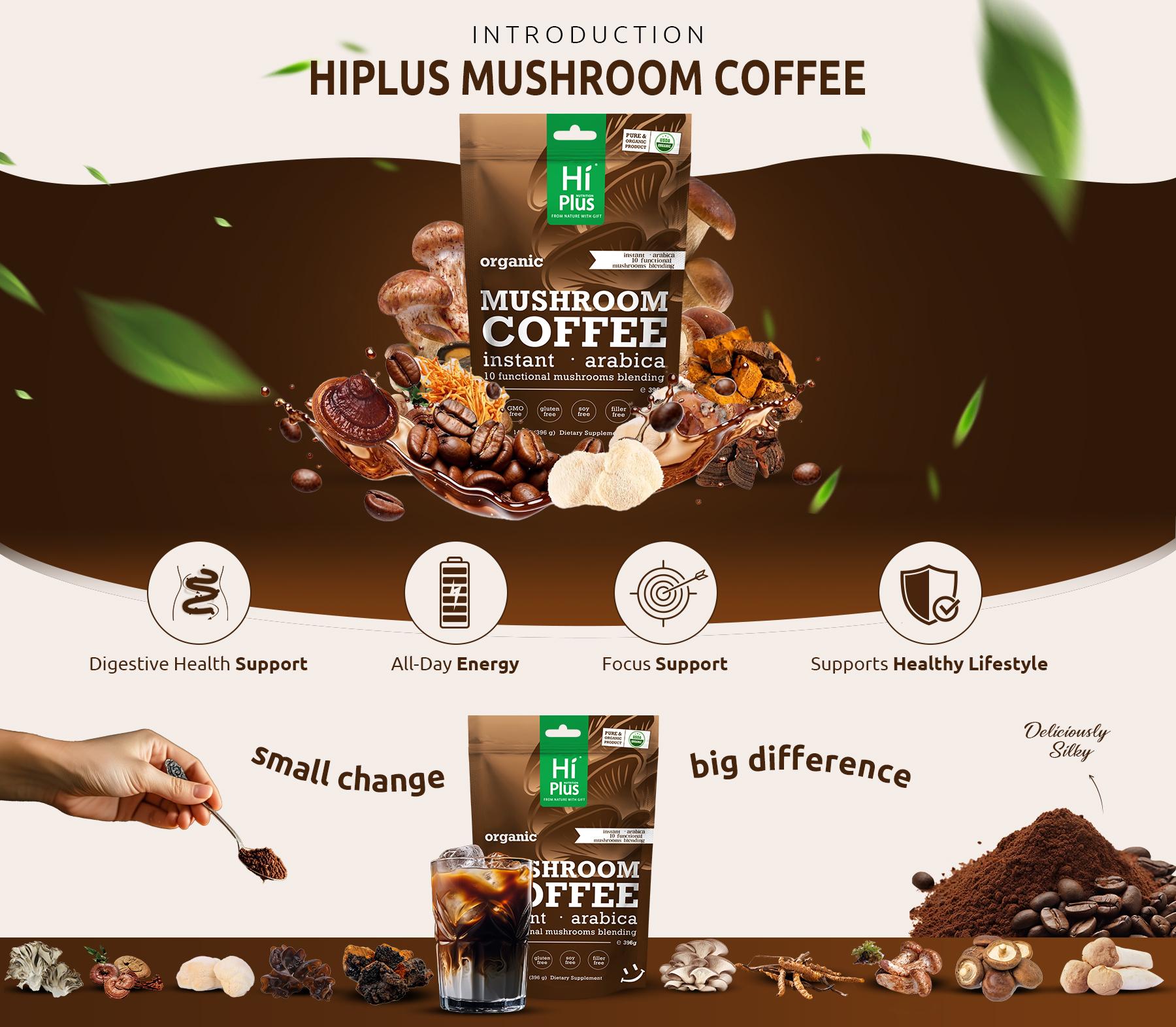 HiPlus Organic Instant 10-in-1 Mushroom Coffee Powder, 7oz | Weight & Immune Support | Premium Arabica Coffee with Lion’s Mane, Chaga & Reishi HiPlus Organic Instant 10-in-1 Mushroom Coffee Powder, 7oz | Weight & Immune Support | Premium Arabica Coffee with Lion’s Mane, Chaga & Reishi