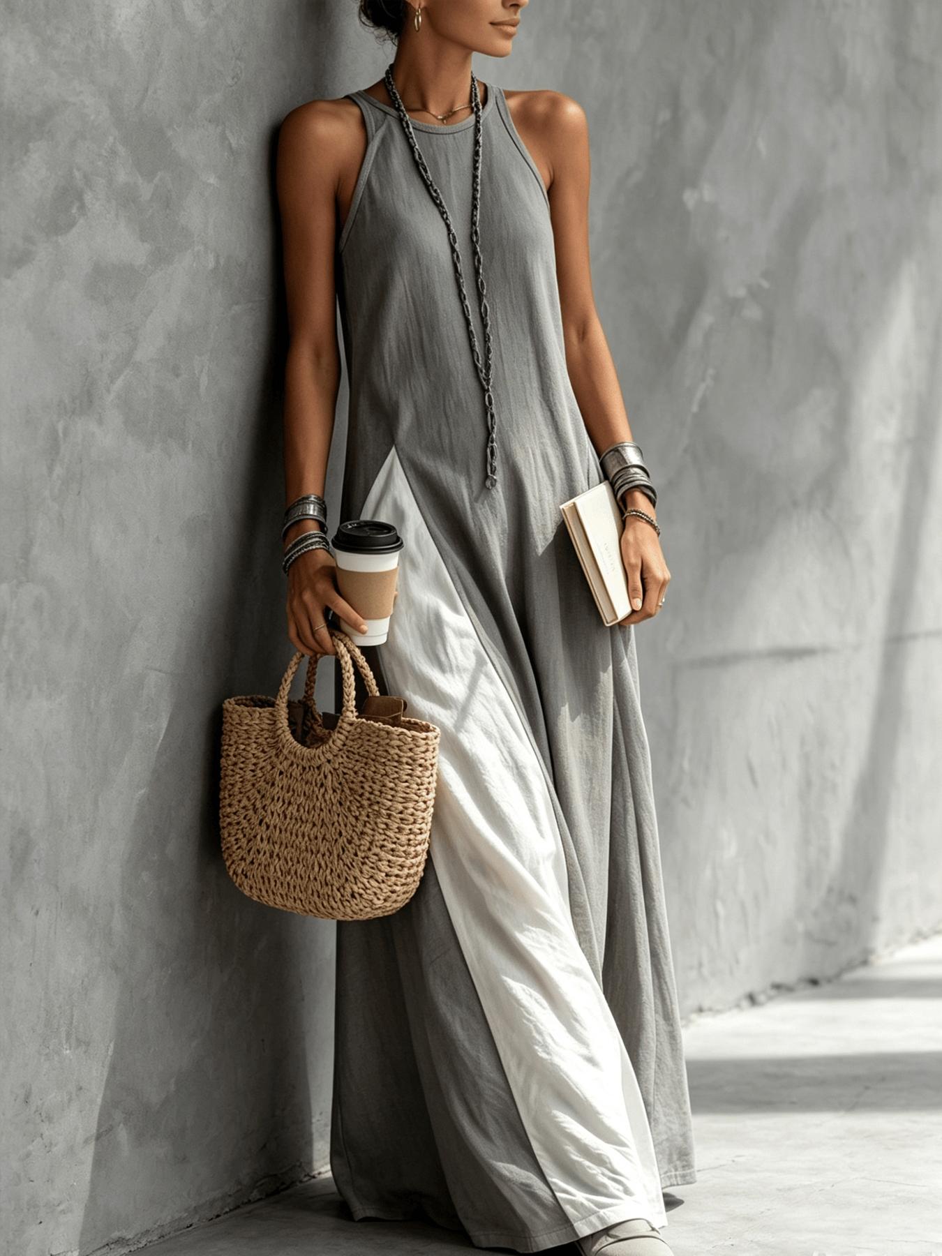 A women's color-blocking dress, Casual Beach Dress, Beach Resort Wear, with sleeveless vest, draping and flesh-concealing long skirt, suitable for summer, beach vacation, exploring shops, attending exhibitions, dating, and enjoying afternoon tea
