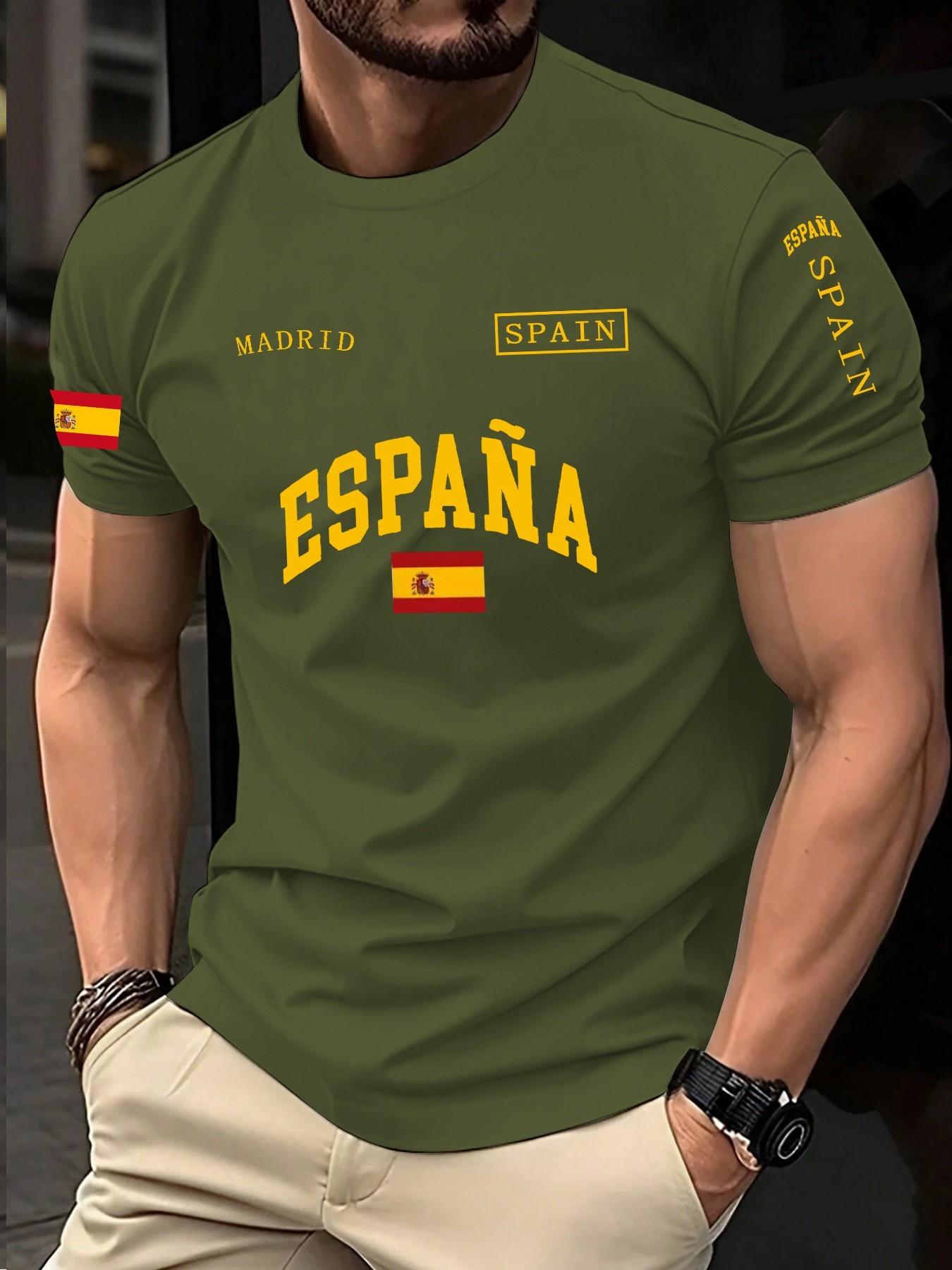 Men's Spanish Style Letter Print Short Sleeve T-Shirt, Summer New Arrival, Breathable Quick-Dry Casual Top, Streetwear Fashion