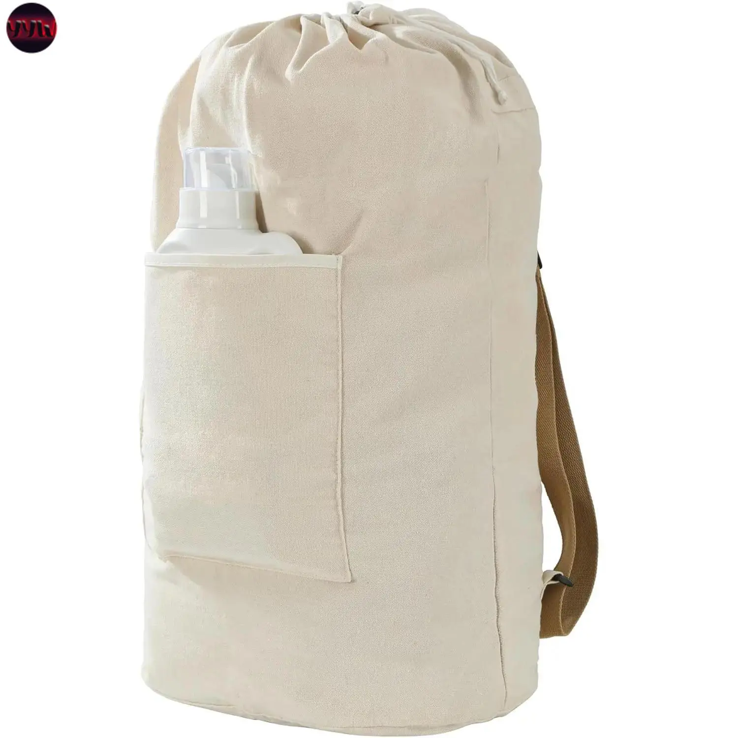 YYW1 Extra Large Beige Canvas Laundry Backpack - Washable, Adjustable Shoulder Strap, Front Pocket, Drawstring Closure, Portable, Foldable, Large Capacity Washing Bag, Home Supplies Laundry Accessory, Large Capacity Washing Bags