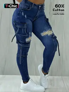 Y2K women's street style Streetwear multi-pocket cropped work Stretchy Cargo Denim Jeans Pants with flap pockets for autumn and winter, perfect for Christmas fashion