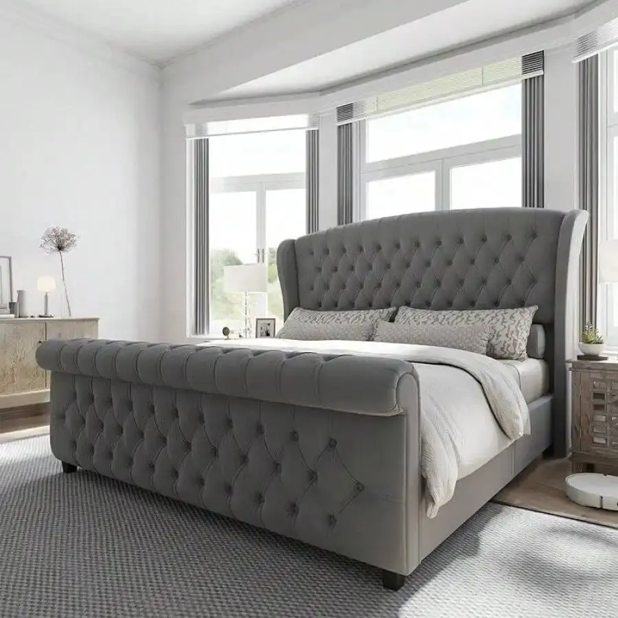 King Size Artisan Platform Sleigh Bed - Hand-Sewn Luxe Performance Velvet, Handmade Chenille, Scroll Wingback Headboard & Footboard, Button Tufted, No Box Spring Needed, Assembly Required, Contemporary Black Faux Leather Frame (Queen/King Compatible),soho