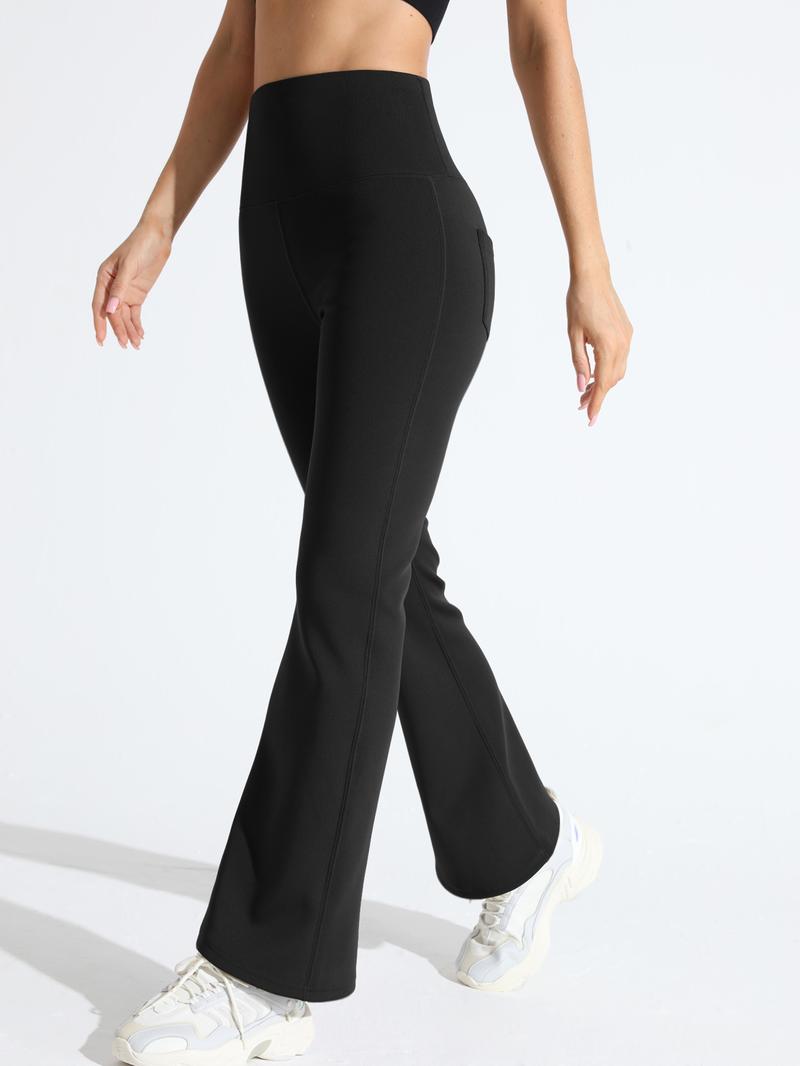 Women's High-Waisted Yoga Flare Pants, Athleisure Pants, Sporty Fitted Design, Thick Fabric, Loose Leg, Pocket Detail, Ideal for Outdoor Fitness