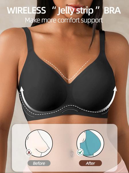 Women's Deep V Wireless Jelly Bra, Wide Shoulder Straps, Removable Pads, Medium Support, Casual Plain Design, All Seasons