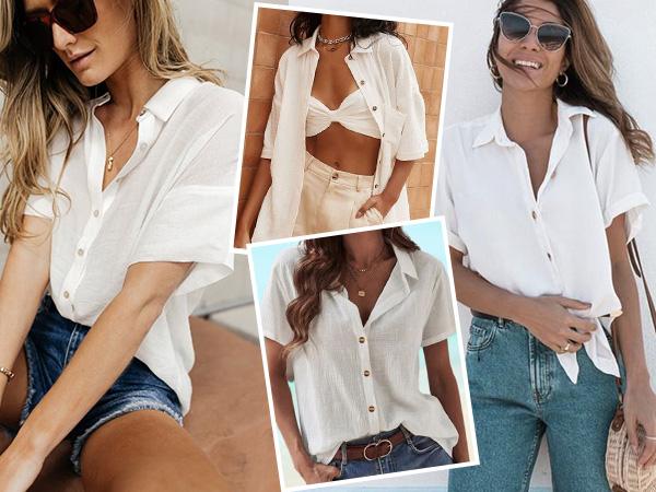 Linen Shirts for Women Cotton Button Down Short Sleeve Loose Fit Collared Casual Work Summer Blouse Tops Basic Lady Breathable Essential Fabric Fashion Formal Beach Cover