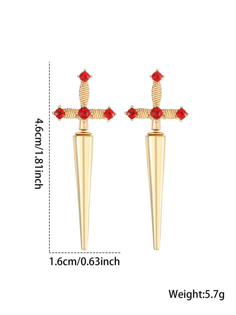 Artificial Crystal Decorated Gothic Sword Stud Earrings, 1 Pair Vintage Punk Jewelry for Women for Party, Daily Clothing Decor, Trendy All-match & Exquisite Jewelry for Birthday Gift, Cross Dangle Earring