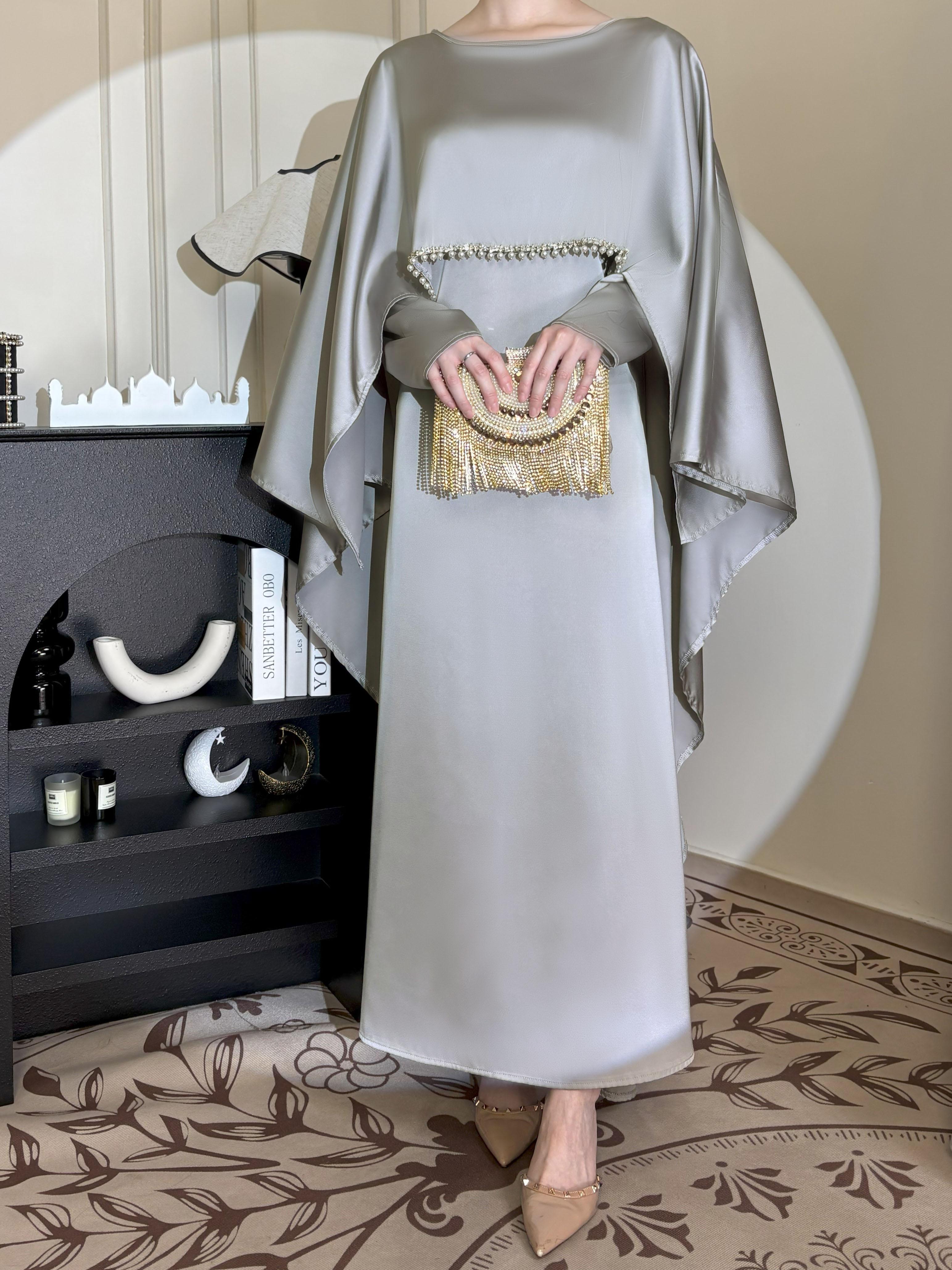 CL43 Satin cape elegant Muslim dress, Modest Party Open Butterfly Pearl rhinestone Abayas, For Evening Party/Wedding Guest/Anniversary,Unique design, luxurious texture,Fashionweek