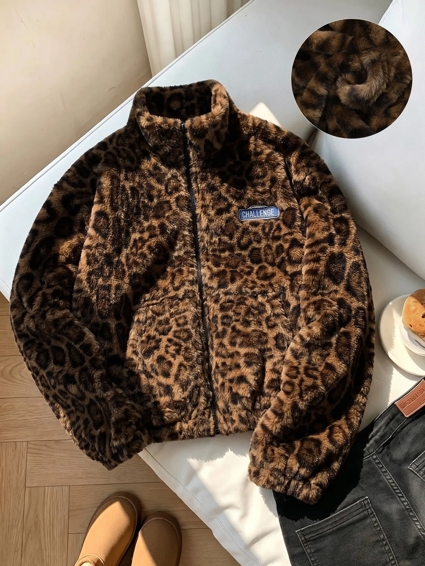 Unisex Leopard Fuzzy Fleece Jacket, Stand Collar Zip Up Plush Coat, Warm Outerwear For Fall Winter Outdoor Daily Wear