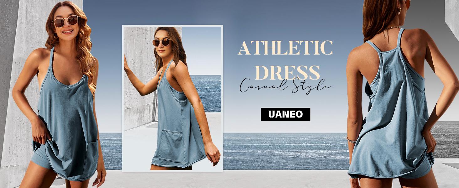 UANEO Women's Summer Sleeveless Mini Dress V Neck Spaghetti Straps Athletic Built-in Shorts Sundress