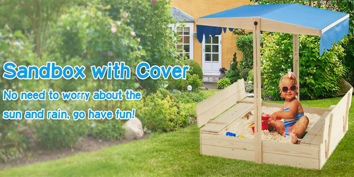 43.7" x 43.7" Solid Wood Square Kids Sandbox with Convertible Canopy Cover, Outdoor Wooden Sandbox with UV-Resistant Roof for Backyard Play