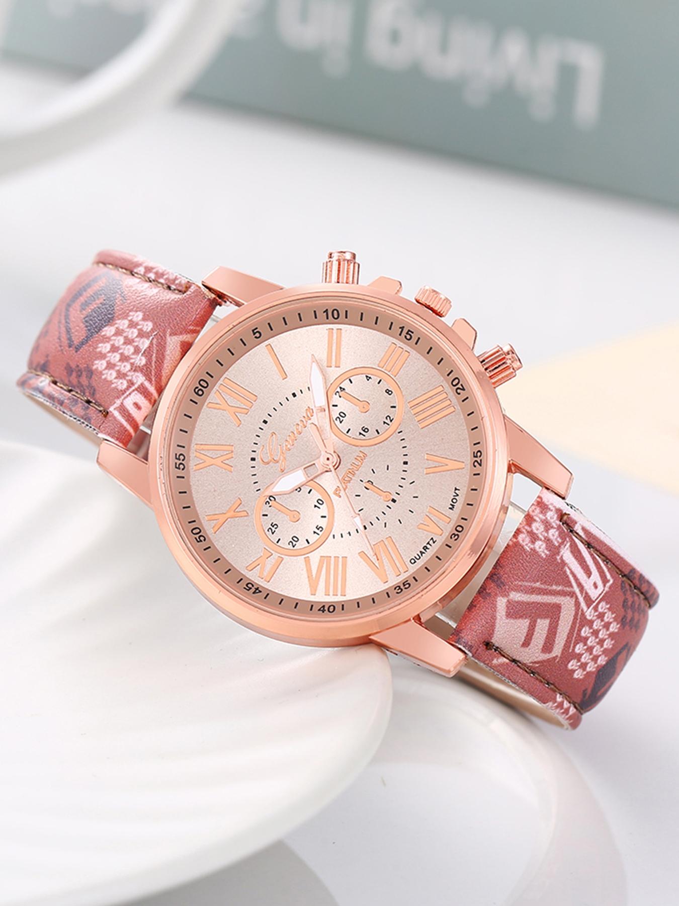 6-piece set of ladies' wristwatch leather straps, Geneva quartz watches with faux three-eye Roman numerals, fashionable ladies' watch set