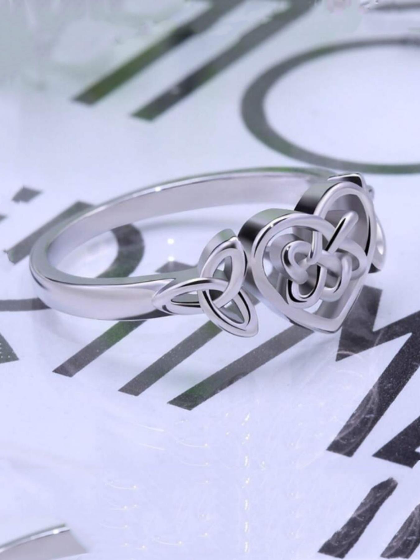 S925 Sterling Silver Hollow Out Celtic Knot Design Cuff Ring, Heart Signet Ring, Statement Ring, Unique Rings, Beautiful Rings, Fashion Creative Jewelry for Women & Men, Trendy Exquisite Jewelry As Gift, with Box