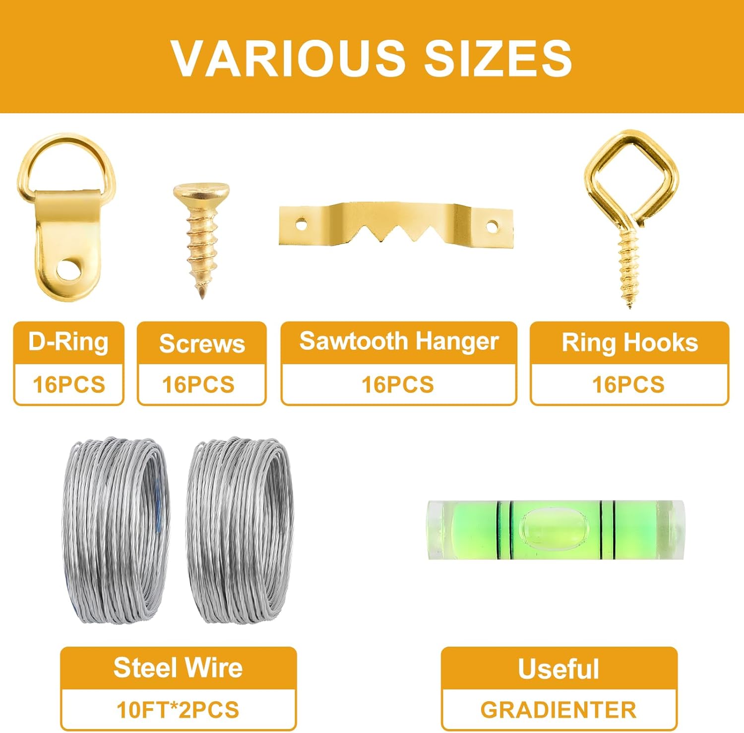 303Pcs Picture Hanging Kit, Picture Hangers Assorted Kit with Heavy Duty Picture Hanging Hooks/Hardware Nails/Sawtooth/Wire/D Rings/Level, Metal Picture Wall Hooks for Frame Canvas Mounting