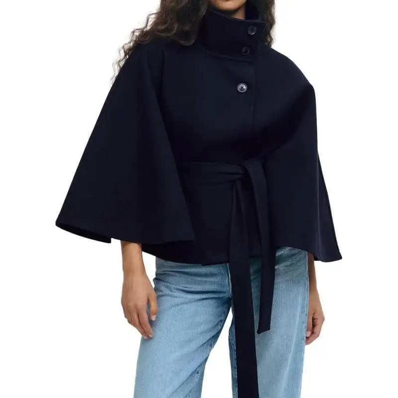 Women Batwing Sleeve Ponchos Pea Coat Wool Stand Collar Belt Capes Jacket Winter Cropped Overcoat Can be used with raincoat