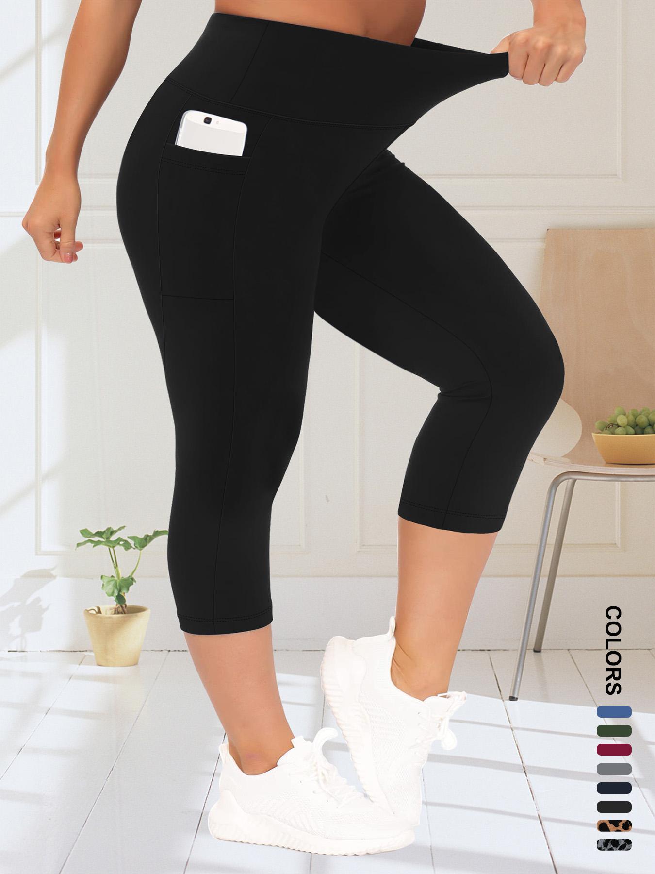 【Plus Size】 Solid/Leopard Pattern High Waist Pocket Capri Leggings, Casual Comfy Skinny Capri Pants for Daily Wear, Women's Bottoms for Summer