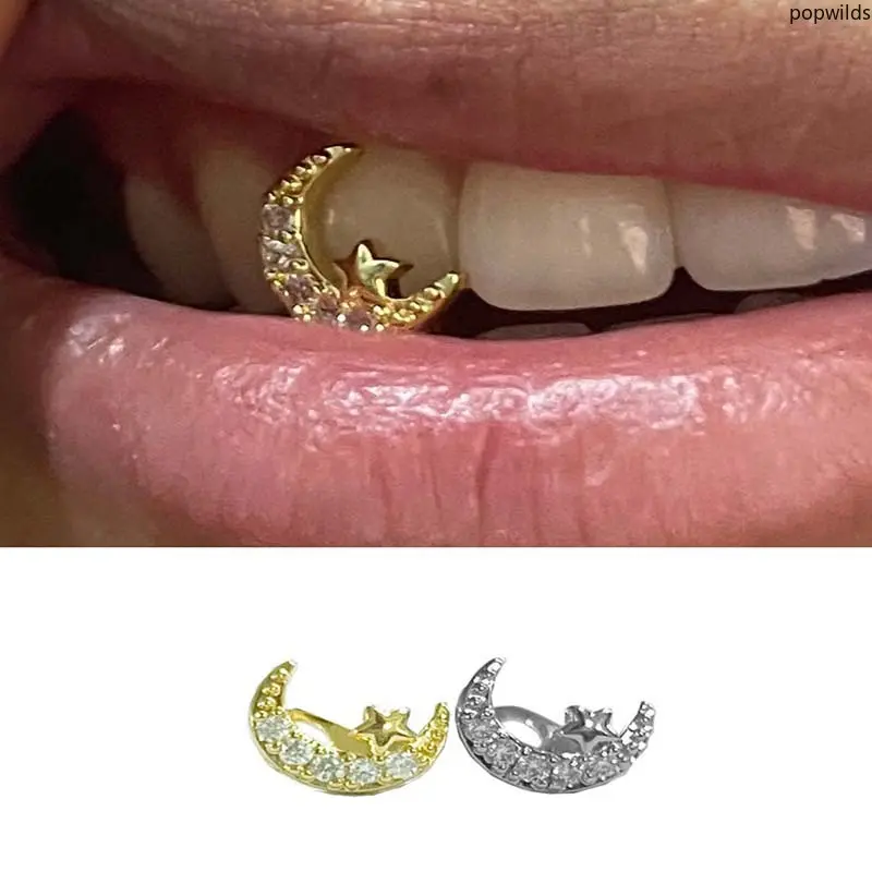 Zircon Moon & Star Single Tooth Grillz, Smooth Gold Tone Hip‑Hop Teeth Accessory, Cool Versatile Decorative Grill for Daily Street Outfits