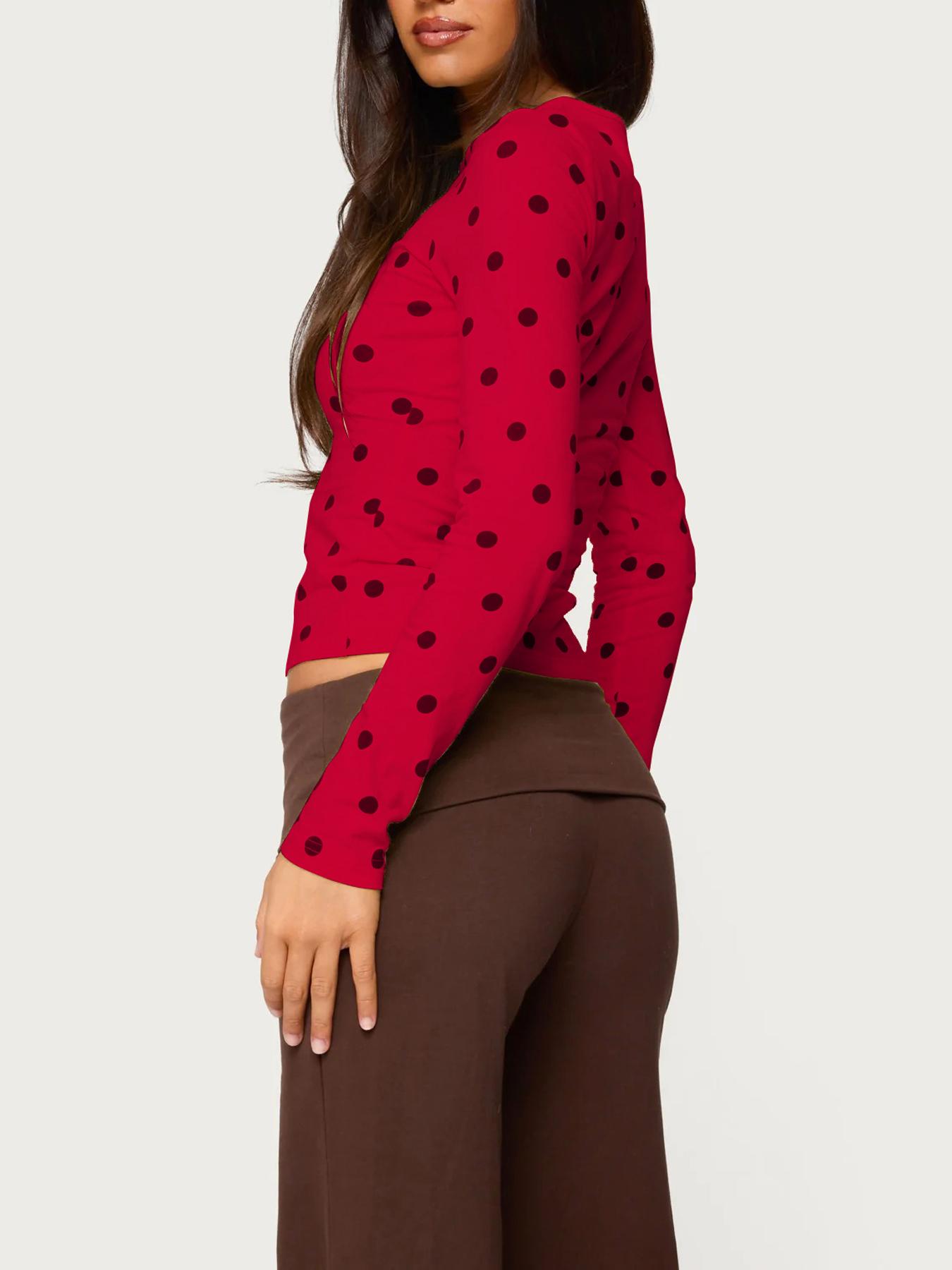 Women's Polka Dot Long Sleeve Slim Fit Short Top, Vintage Bodycon, Perfect for Dates and Shopping, Stylish Casual Wear