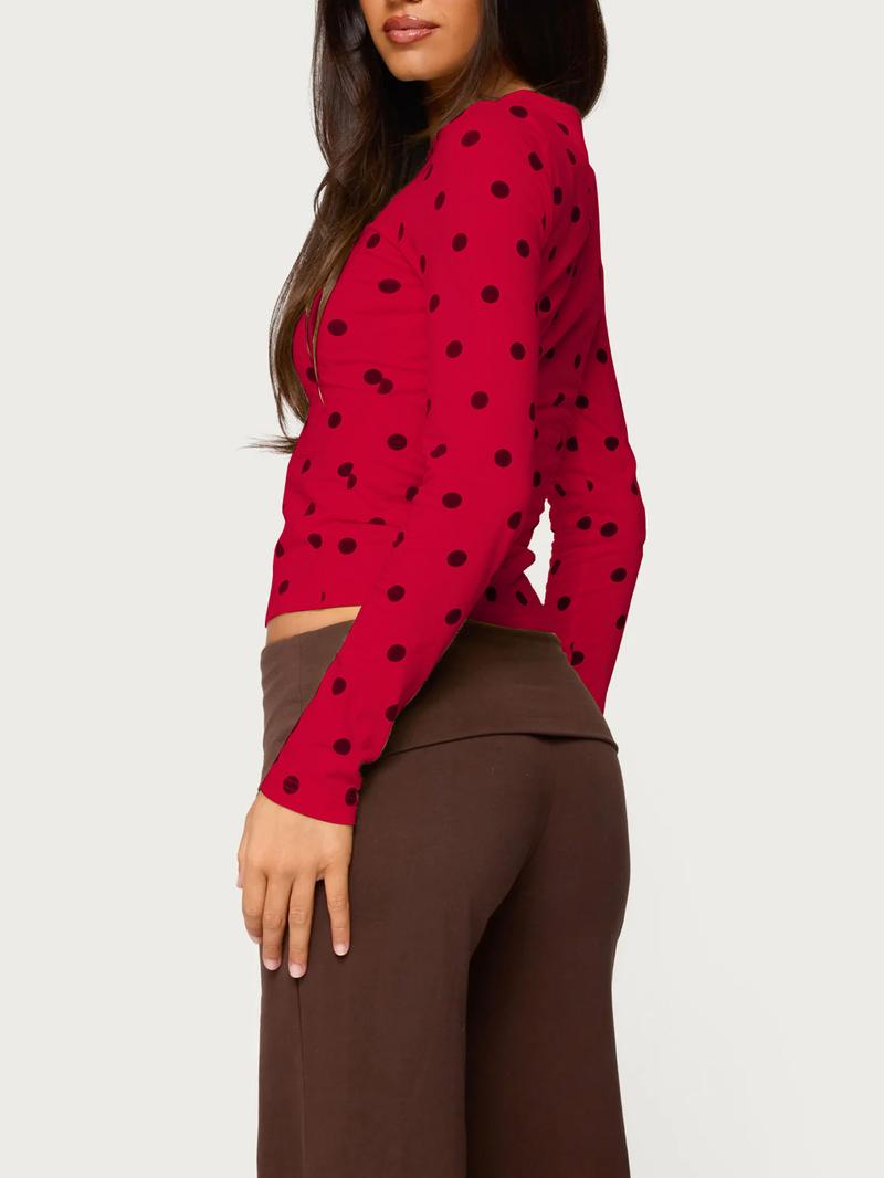 Women's Polka Dot Long Sleeve Slim Fit Short Top, Vintage Bodycon, Perfect for Dates and Shopping, Stylish Casual Wear