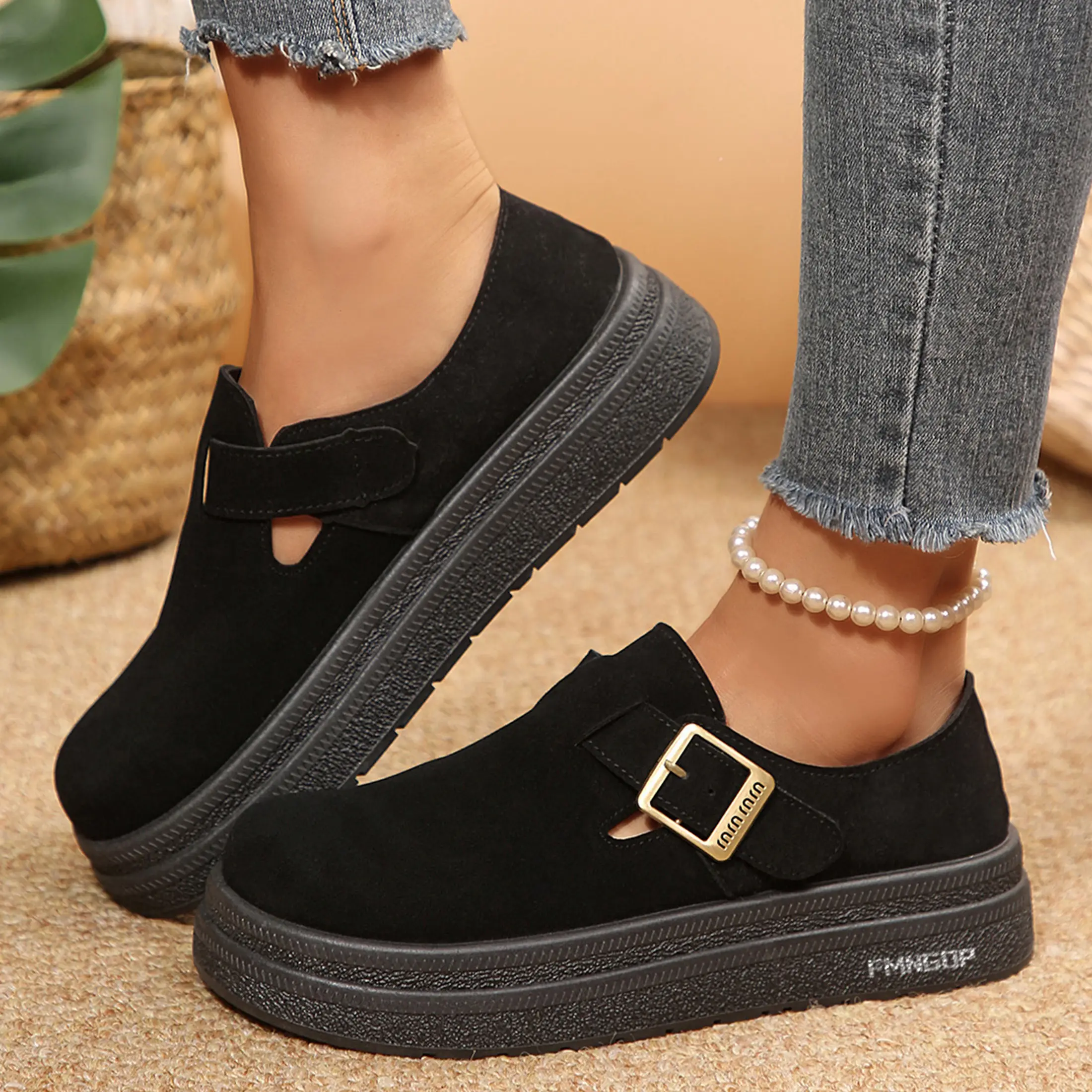 Women's Camel Loafers Suede Platform Loafers Cork Footbed Slippers Adjustable Buckle Closure Potato Shoes
