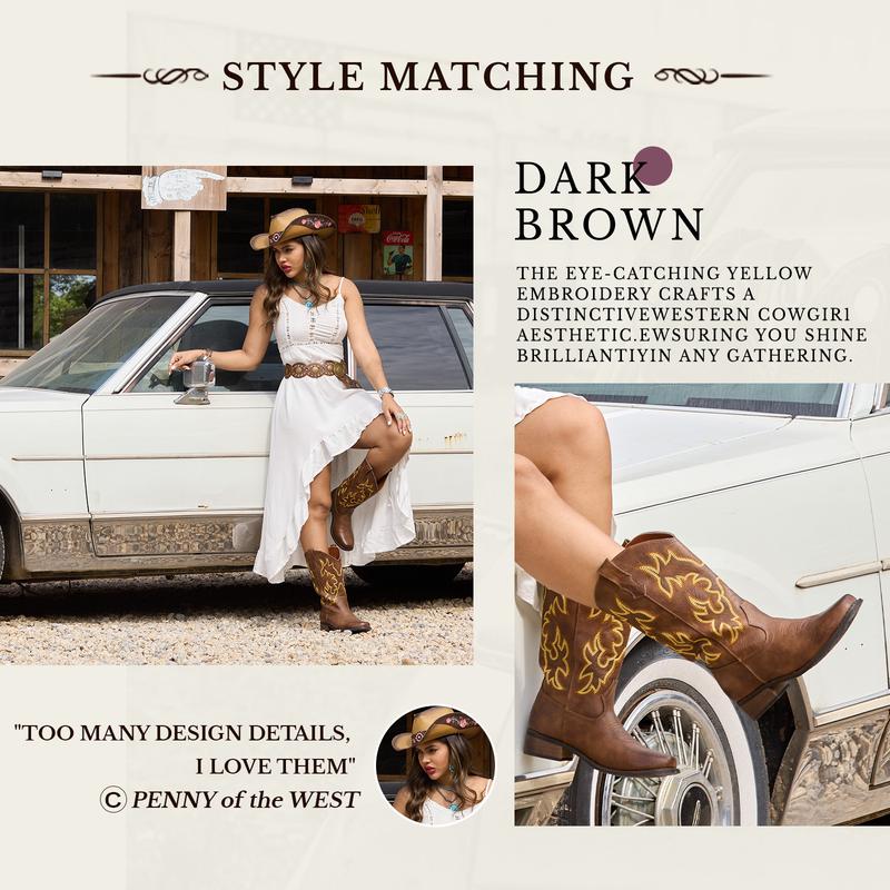 IUV Cowboy Boots For Women Square Toe Cowgirl Boots Mid Calf Western Boots Pull On Fashion Cowboy Boots